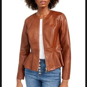 INC International Concepts Women's Peplum Jacket Brown Faux Leather Size XL P